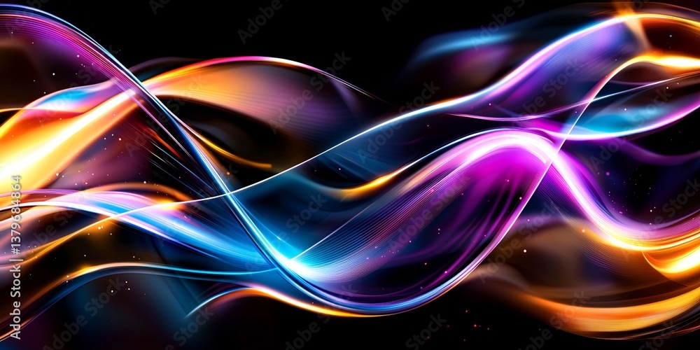 Poster A vibrant tapestry of flowing curves, representing the dynamic and interconnected nature of the digital world, forms an abstract background perfect for technology, scienc