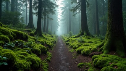 Fototapeta premium Moss-covered forest trail winding through tall pine trees in misty light 