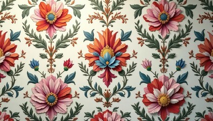 Intricate floral damask wallpaper in muted tones, damask pattern, interior design
