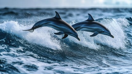Playful dolphins leap gracefully above the ocean waves