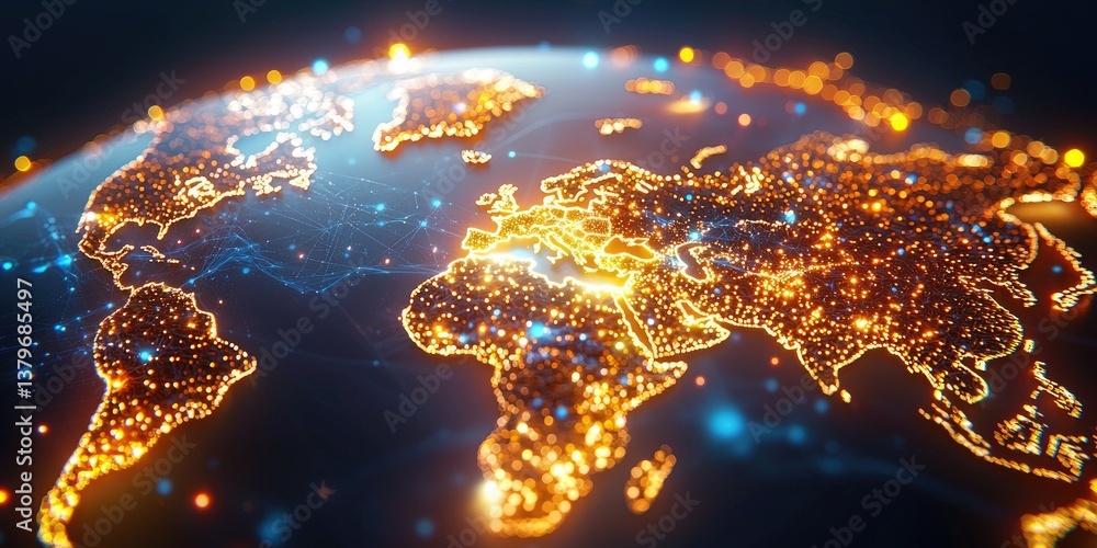 Poster a vibrant global business network pulsated, where intricate data flows like a river, connecting fina