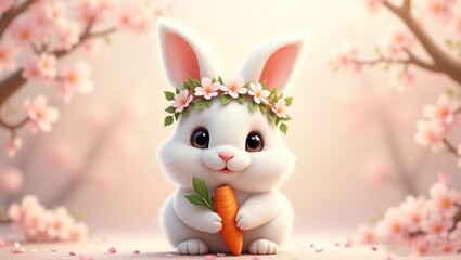 digital painting of an adorable fluffy white bunny with large black eyes holding a carrot  wears a floral crown made cherry blossoms 