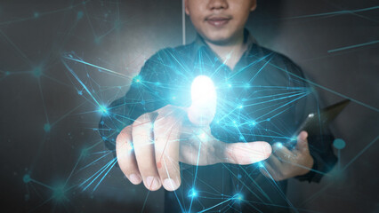 A conceptual illustration of a hand interacting with a dynamic blue digital network. The glowing lines and nodes symbolize connection, communication, and the seamless integration of human touch with t