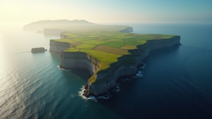 Sheer sea cliffs forming triangular island at sunrise surrounded by calm ocean waters	