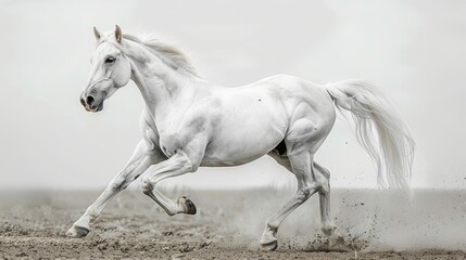 Majestic White Horse Galloping in Misty Field