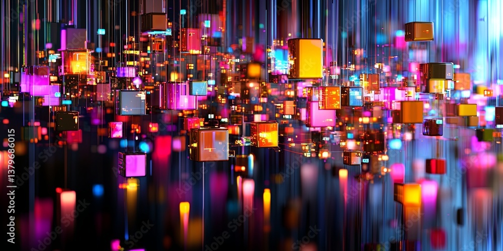 Aufkleber a vibrant, pulsating network of interconnected nodes, forming a futuristic cityscape, rendered in a 