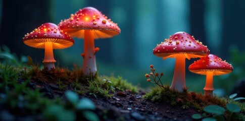 Fototapeta premium Glowing mushrooms in a mystical forest, mystic, eerie