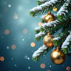 Obraz premium Glittering snow-covered fir branches with golden ornaments hanging , snow covered branches, evergreen branches