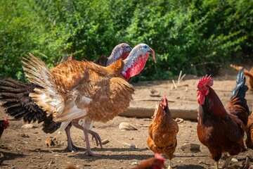 Turkeys and chickens in a farmyard.