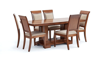 A wooden dining table with six chairs around it
