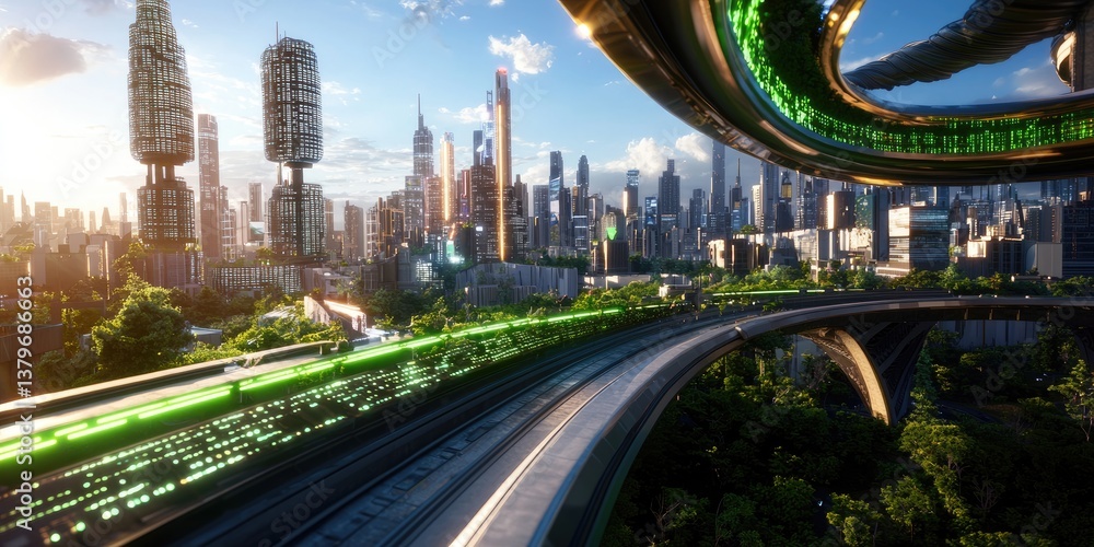 Poster a futuristic city, its concrete canyons pierced by a vibrant, digital highway that spiraled upwards,