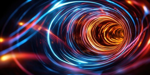 A dark, ominous digital tunnel, its entrance obscured by swirling red and blue lights, pulsating with an eerie rhythm, representing the data flow of a ransomware attack.