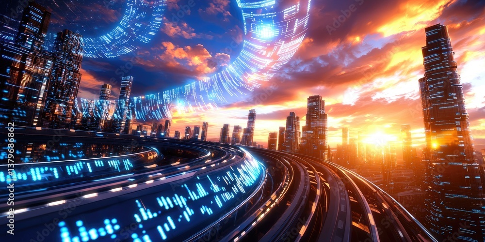Poster a futuristic city, its concrete canyons pierced by a vibrant, digital highway that spiraled upwards,