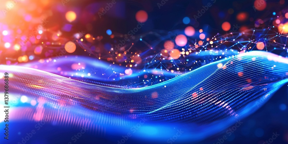 Poster A vibrant, abstract blue wave, teeming with particles, surges across a futuristic background, symbolizing the vastness and complexity of big data, visualized through the