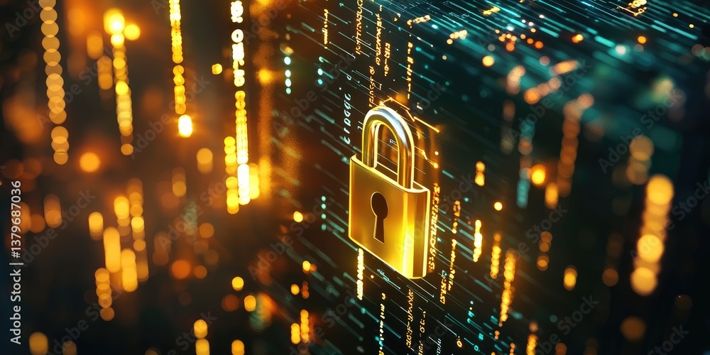 Poster A digital lock icon, its metallic surface gleaming in the soft glow of the digital code background, stands guard over a data processing image, symbolizing the importance