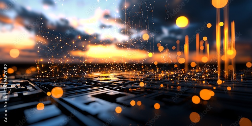 Poster A digital landscape woven from threads of code and data, where the intricate web of artificial intelligence connects a multitude of virtual concepts, promising a future b