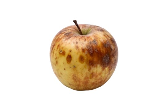 A Single Rotten Apple with Brown Spots and Decay Isolated on Gray Background transparent background Generative AI