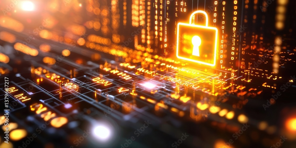 Poster A digital lock icon, its metallic surface gleaming in the soft glow of the digital code background, stands guard over a data processing image, symbolizing the importance