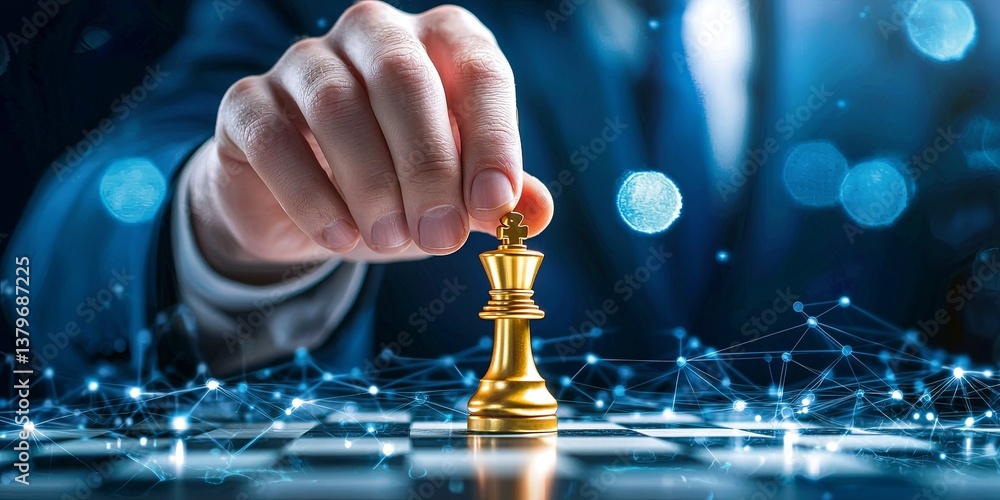 Leinwandbilder a hand, clad in a suit, places a gleaming king chess piece at the center of a complex network diagra
