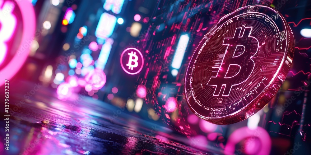 Aufkleber In a neon-drenched metropolis at night, a digital network of coins and blockchain symbols interweave, representing the future of finance and the power of peer-to-peer tra