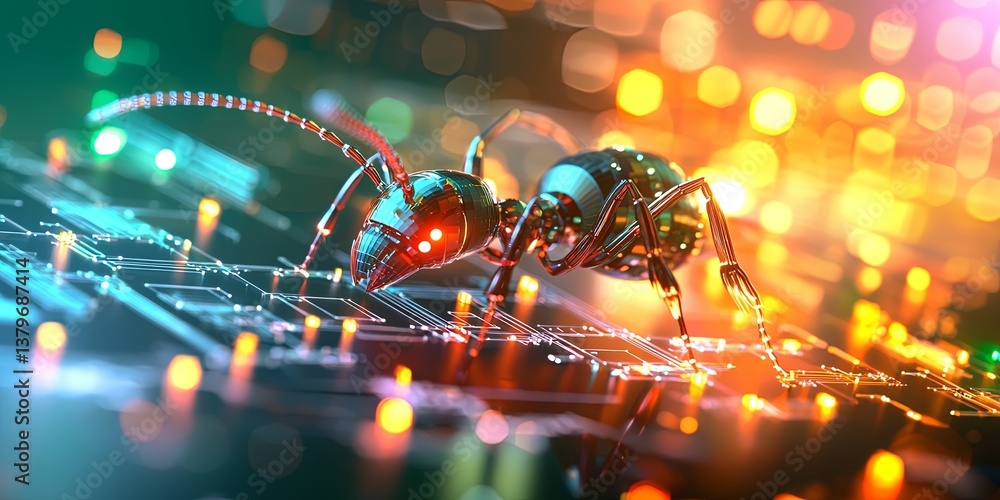 Fototapete a futuristic ant, crafted from sleek vectors, its antennae twitching as it navigated a cityscape of 