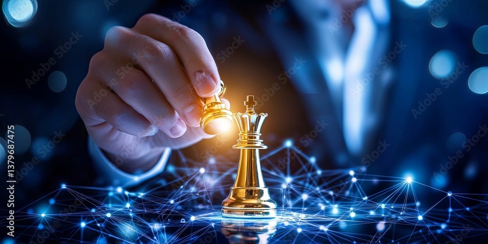 Leinwandbilder a hand, clad in a suit, places a gleaming king chess piece at the center of a complex network diagra