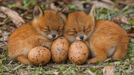Naklejka premium Two baby foxes sleeping peacefully next to speckled bird eggs