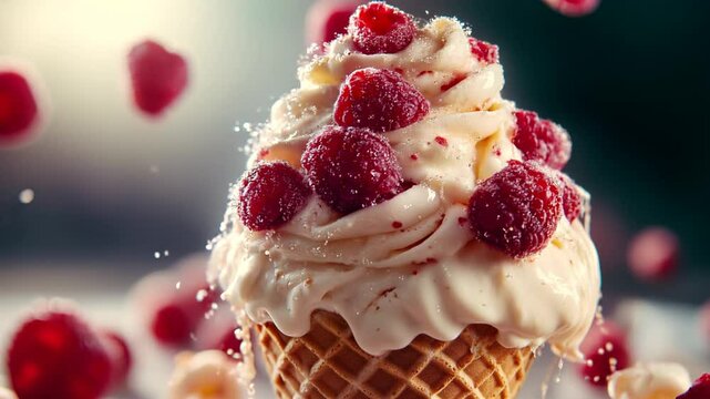 Cono de helado cremoso de vainilla con frambuesas rojas flotando al rededor, movimiento cinematogr&aacute;fico lento