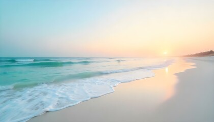 Fototapeta premium A panoramic view captures a serene beach scene at what appears to be either sunrise or sunset, characterized by a soft, pastel color palette