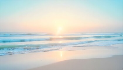 Fototapeta premium A panoramic view captures a serene beach scene at what appears to be either sunrise or sunset, characterized by a soft, pastel color palette