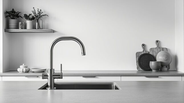 A clean and modern kitchen scene with faucet and countertop decor