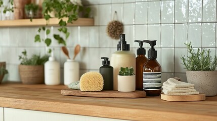 A collection of eco-friendly cleaning supplies on a wooden countertop pic