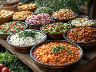 Fototapeta premium Variety of bowls containing colorful food on a rustic wooden surface