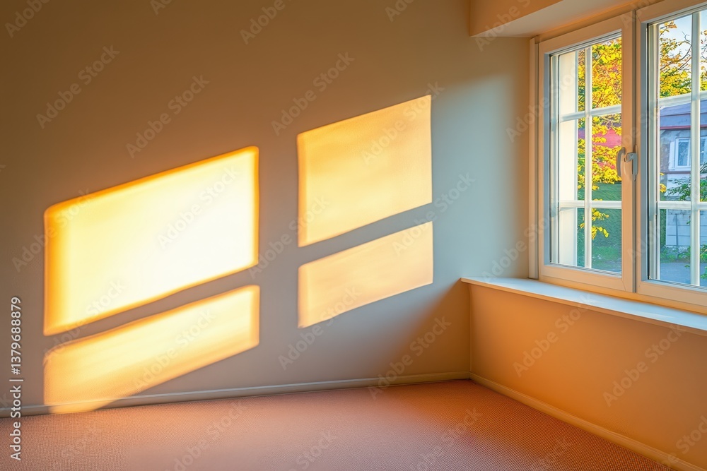 Poster sunlight filters through a window, illuminating a cozy room with a soft carpet.