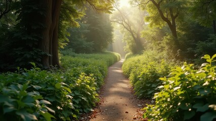 Obraz premium Winding forest path with stepping stones surrounded by lush greenery in morning light 