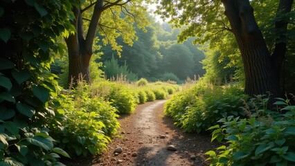 Naklejka premium Winding forest path with stepping stones surrounded by lush greenery in morning light 