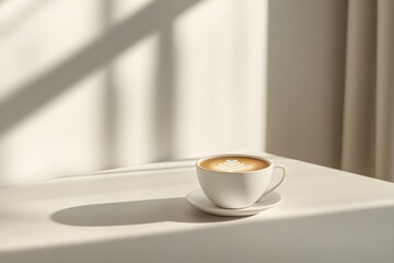 Obraz premium Cup of coffee with latte art on a white surface with sunlight.