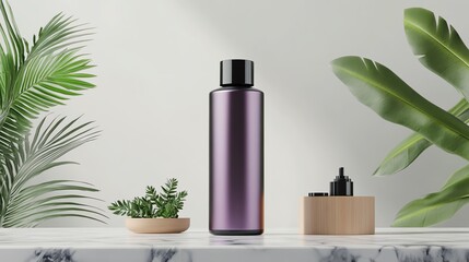 A realistic render of a glossy purple hair dye tube, placed elegantly on a marble surface