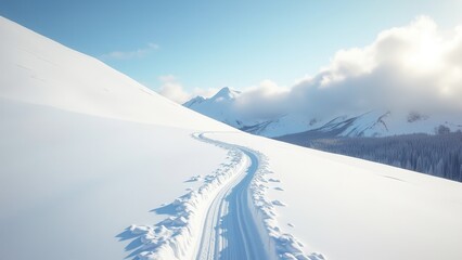 Snow trail curving through pristine alpine slope under bright sky in winter mountains	
