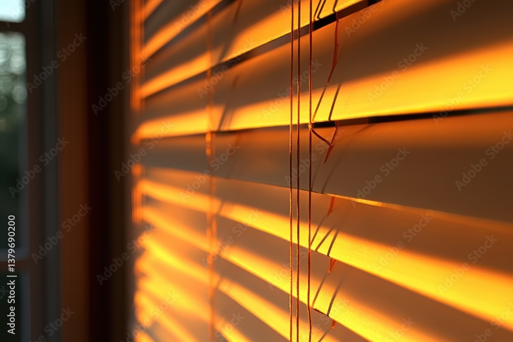 Poster sunlight filters through window blinds, creating a warm glow indoors.