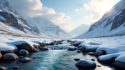 Snow-covered mountain valley with clear flowing river and rocks under bright winter sun	