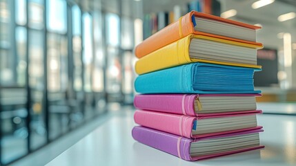 Colorful books stacked on table in modern library