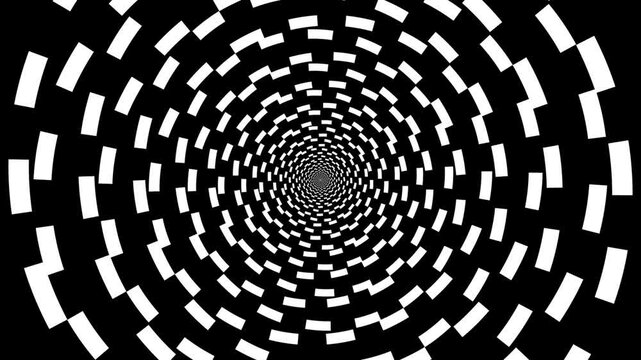 hypnotic loop graphic, glowing monochromatic HD animation of white block moving in concentric circles getting bigger on black background. Seamless loop.