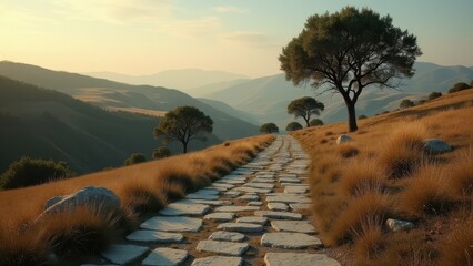 Stone path through grassy hills at sunrise with scattered trees and long shadows	