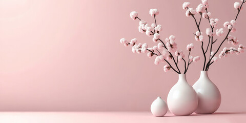 Three white vases with delicate pink blossoms against a soft pink background. Suitable for spring, floral, or minimalist-themed blogs and websites.