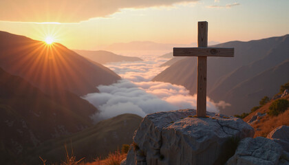 Obraz premium Cross silhouetted against sunrise over cloudy mountains 