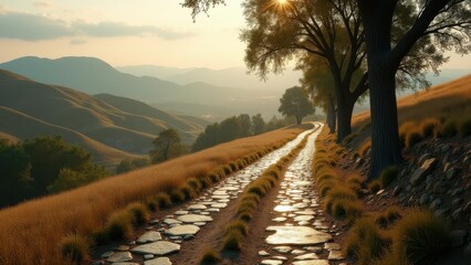 Stone path through grassy hills at sunrise with scattered trees and long shadows	