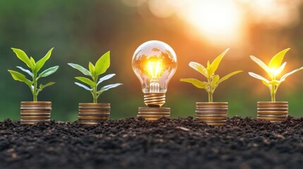 Glowing Lightbulb and Growing Plants on Stacks of Coins at Sunrise