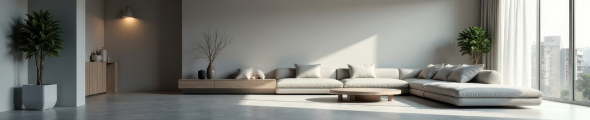 Simple and clean grey interior with subtle gradient lighting, highlighting sleek furniture and decor, clean, decor