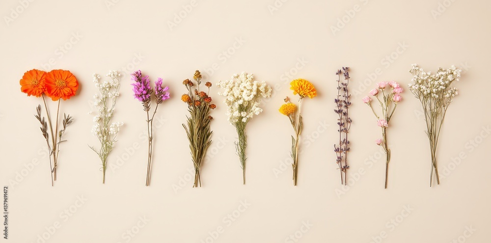 Poster a colorful arrangement of dried flowers displayed in a row against a neutral background, showcasing 